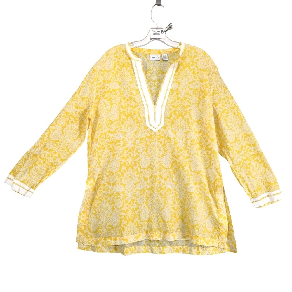 Chico's Yellow Floral Damask Cotton/Silk Tunic Blouse Size 2 L 12/14 Side Slits